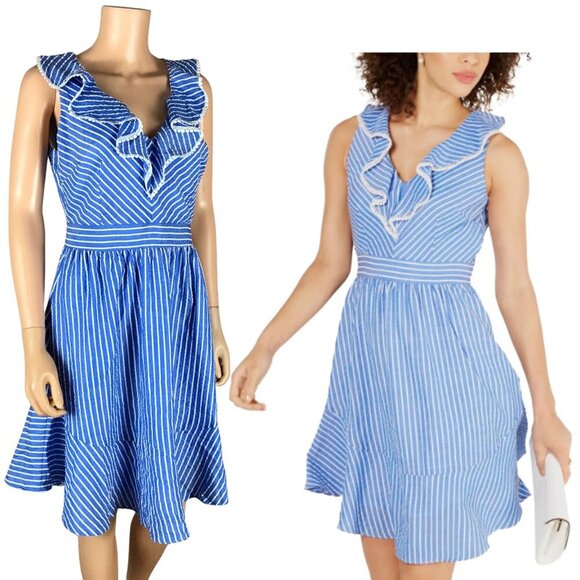 JULIA JORDAN  Women's Blue/White Striped Ruffle V-Neck A-Line Dress NWOT 6 - Picture 1 of 10